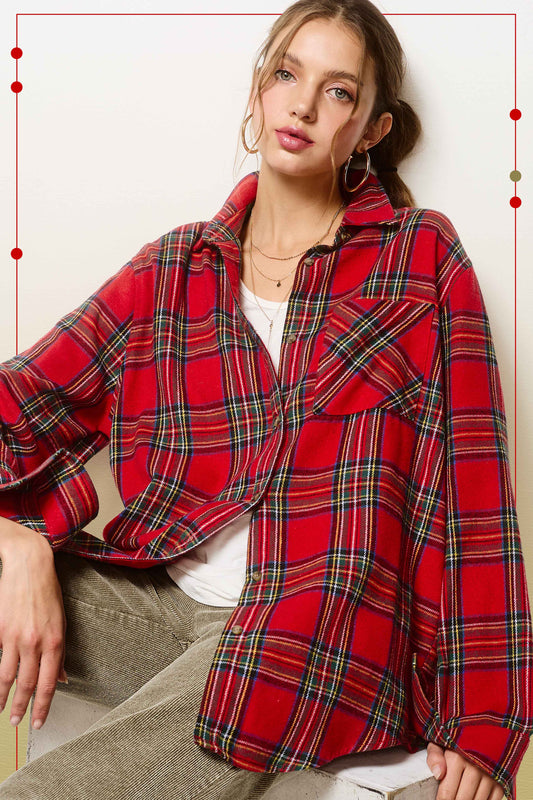 Loose Fit Button Down Soft Fabric Plaid Shirts: Red Ribbon l