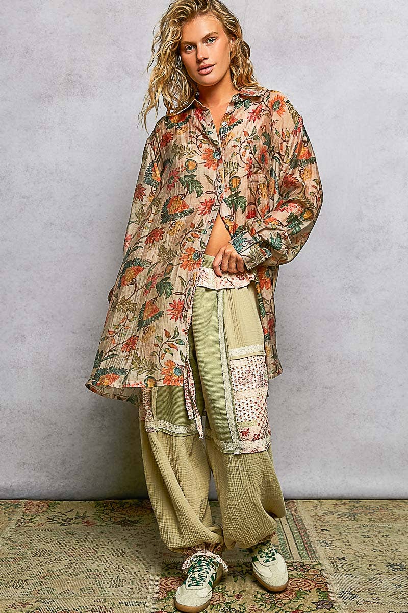Boho Floral Print Long Sleeve Oversized Woven Shirt Top