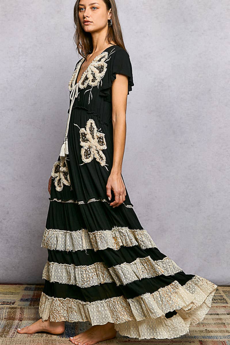 Ruffle Trim V-neck Embroidery Sequins Tassel Long Dress