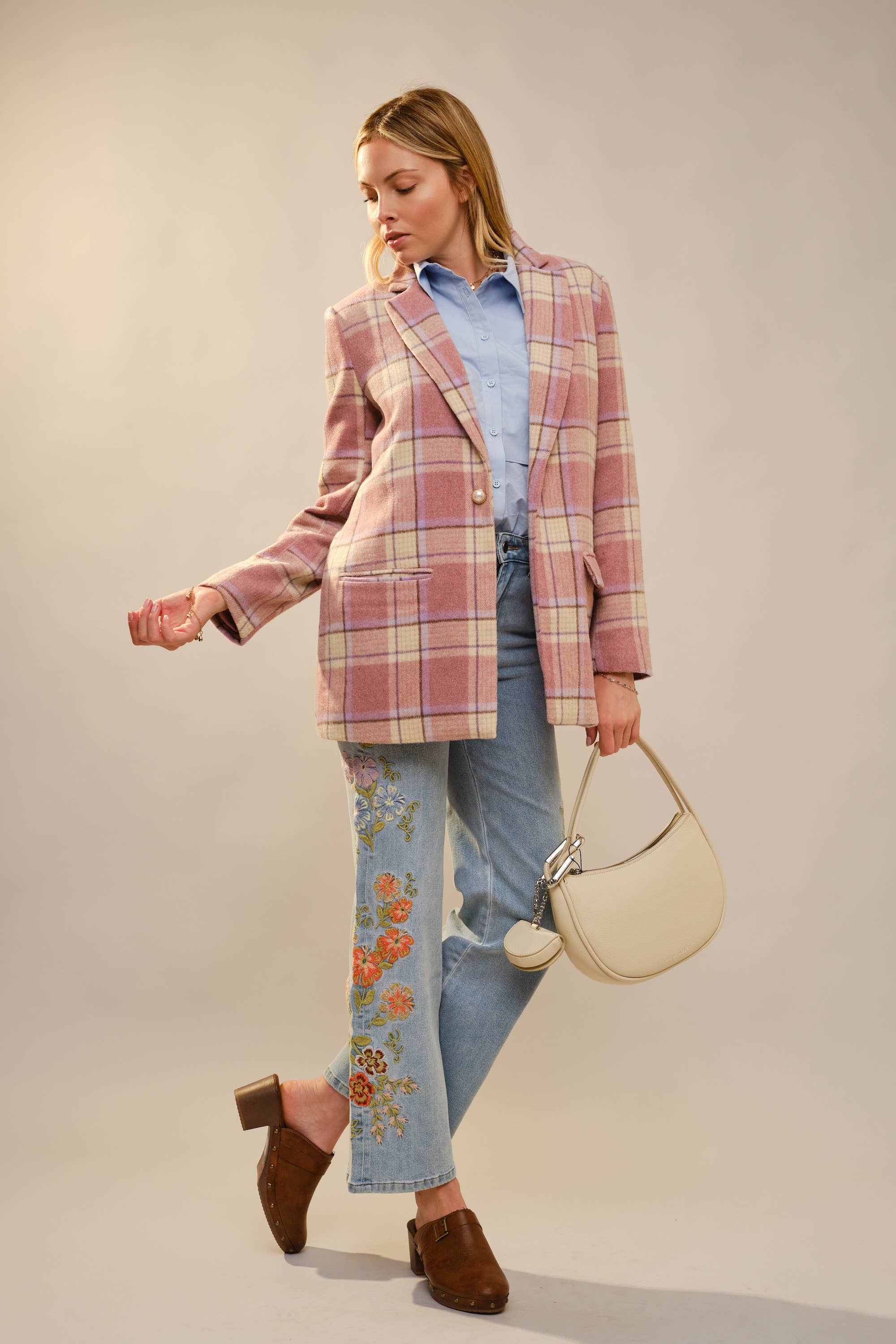 Plaid Pearl Button Blazer