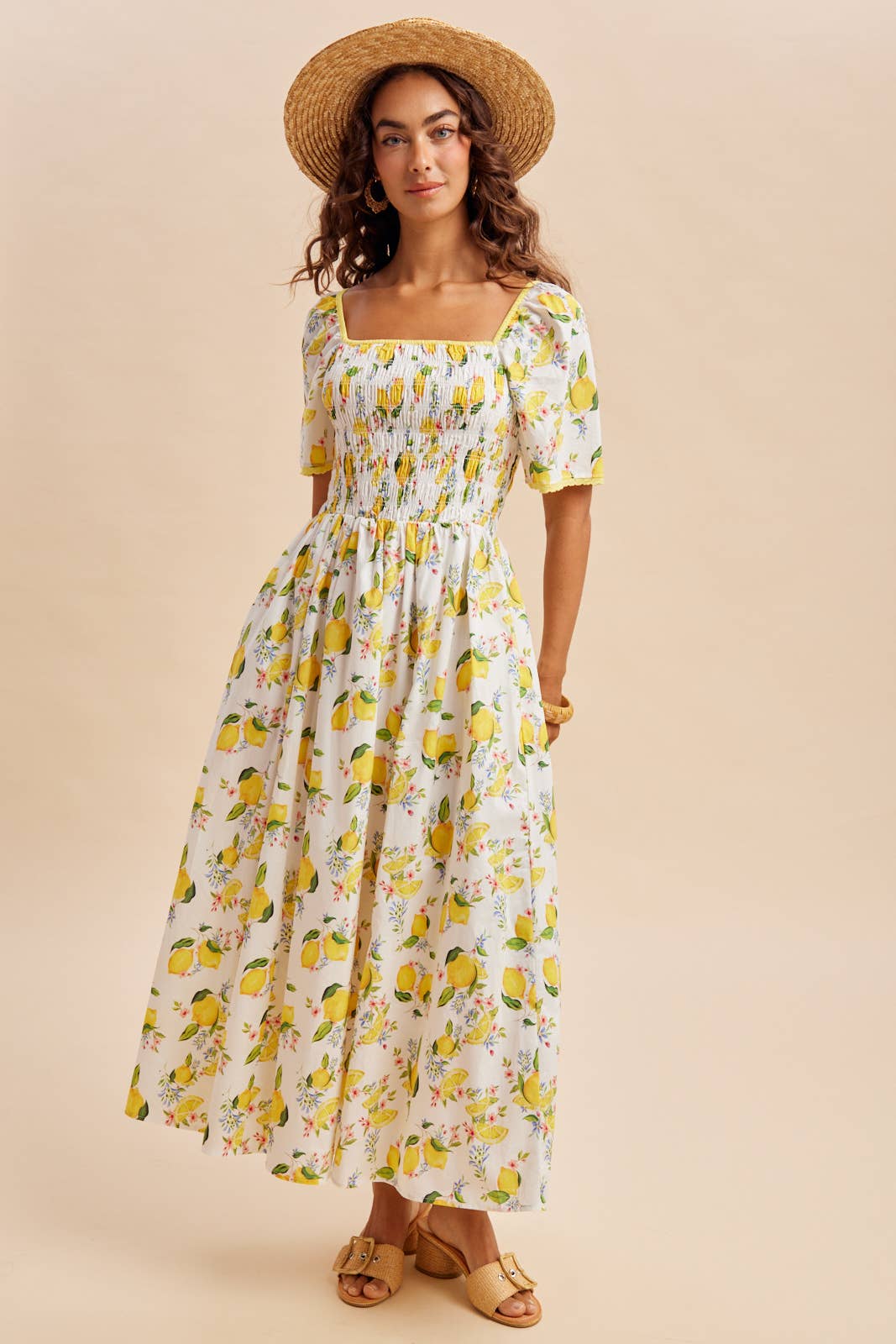 SMOCKED LEMON PRINT MAXI DRESS: CREME LEMON