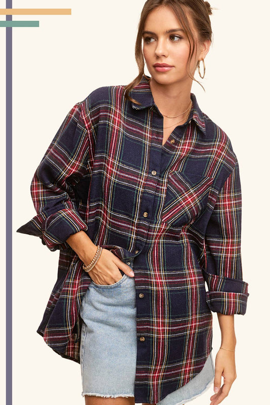 Loose Fit Button Down Soft Fabric Plaid Shirts: Midnight Blue