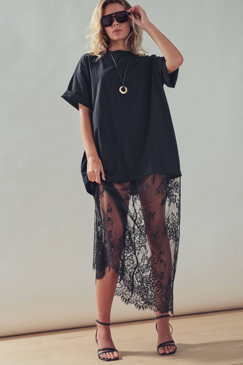 Mixed-Media T-Shirt Dress with Sheer Lace Skirt