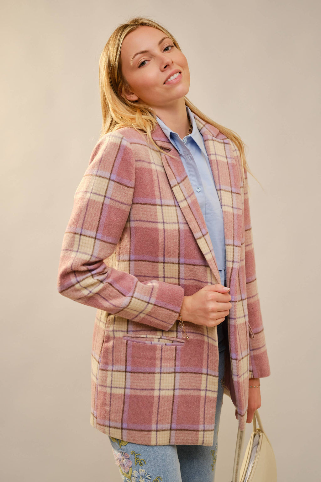 Plaid Pearl Button Blazer