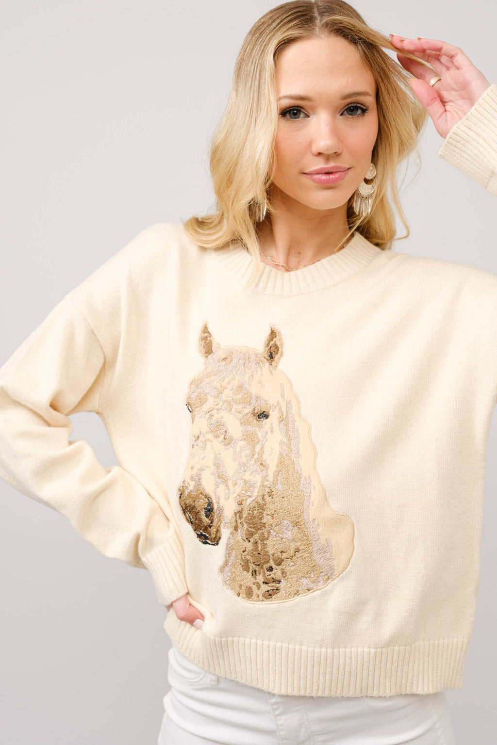 Embroidered Horse Crew Neck Sweater: CREAM