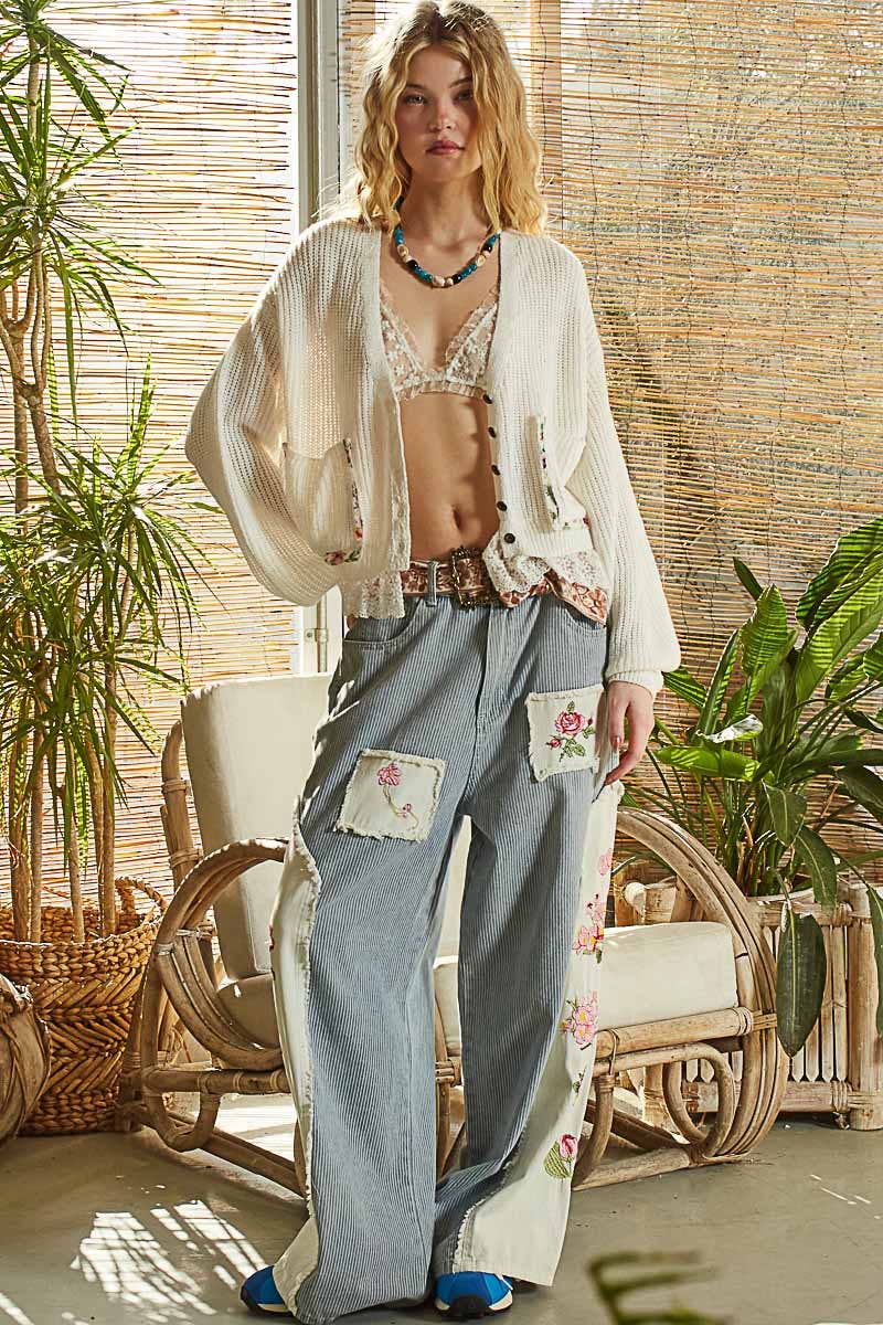 V-neck lace ruffle solid thin sweater cardigan: IVORY