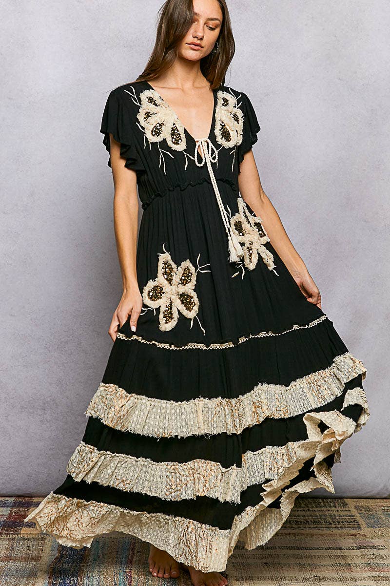 Ruffle Trim V-neck Embroidery Sequins Tassel Long Dress