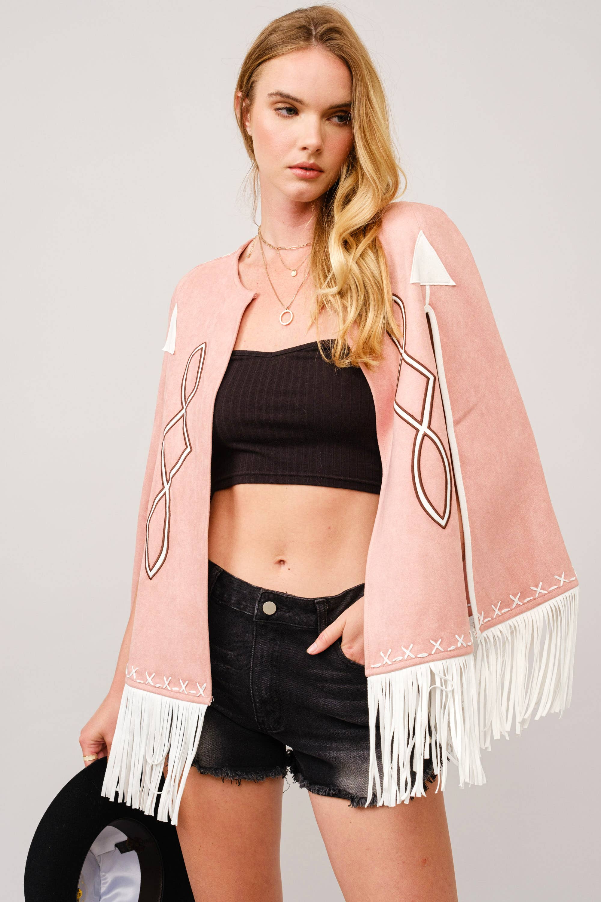 Fringe Detail Open Cape Jacket: Pink