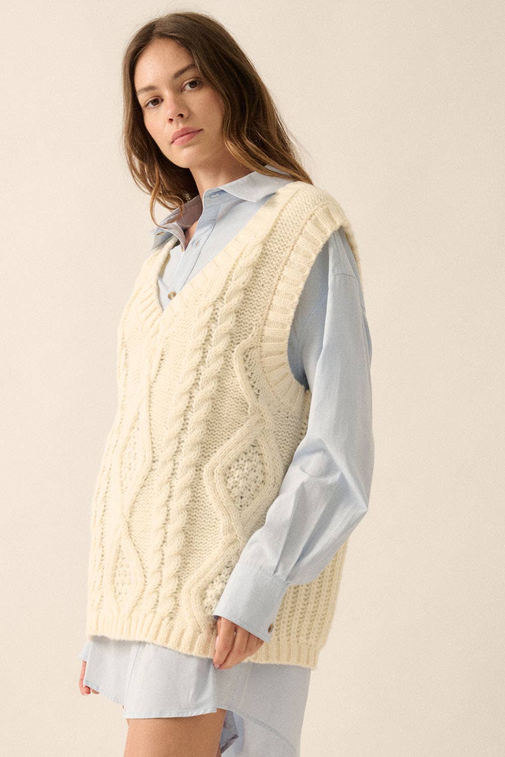 Cable Knit Sweater Vest: Cream