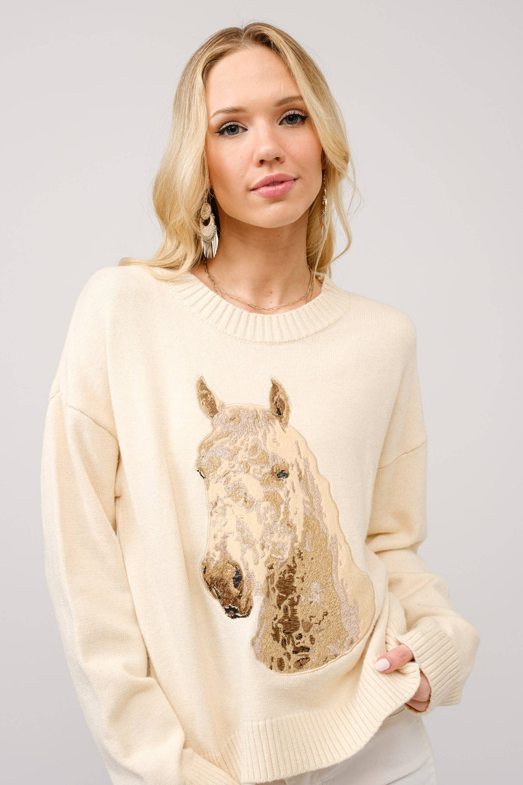 Embroidered Horse Crew Neck Sweater: CREAM
